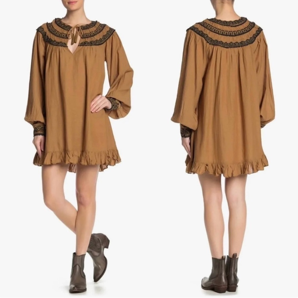 Free People Erin Embroidered Bronze Keyhole Mini Dress Long Sleeve Sz XS